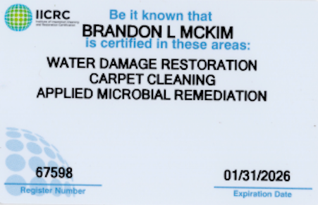 Brandon McKim IICRC certification card — WRT Water Restoration Technician, CCT Carpet Cleaning Technician, AMRT Applied Microbial Remediation Technician