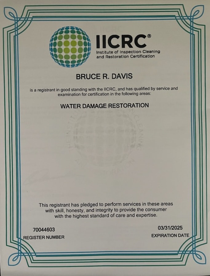 Bruce Davis IICRC certification — Water Damage Restoration Technician (WRT), registration number 70044603